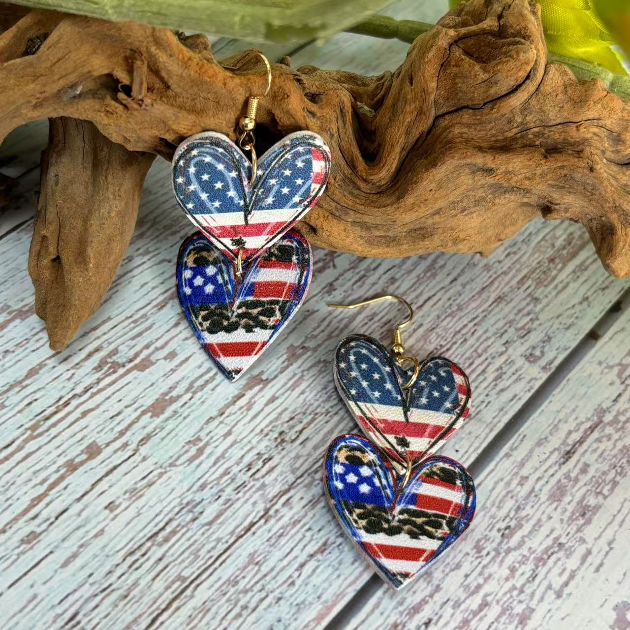 Wholesale  American Independence Day Retro Love Printing American Flag Stitching PU Leather Earrings