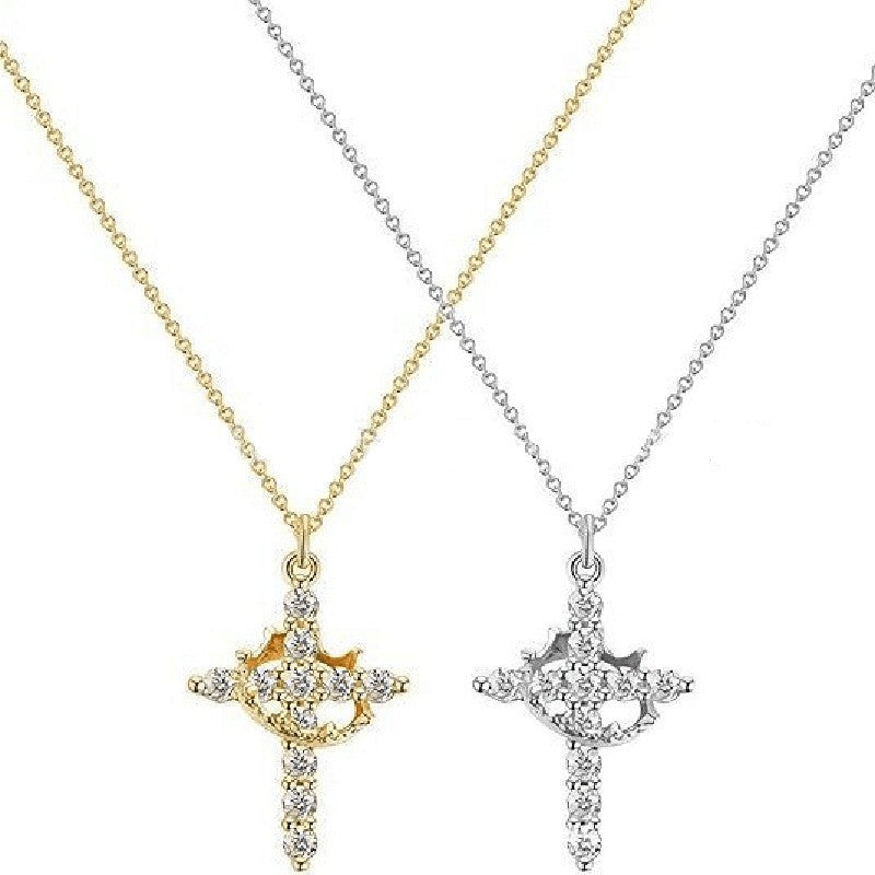 Wholesale Chic Cross Crown Rotatable Pendant Necklace,  Copper Zircon Gold Plated Jewelry Accessory for Resale