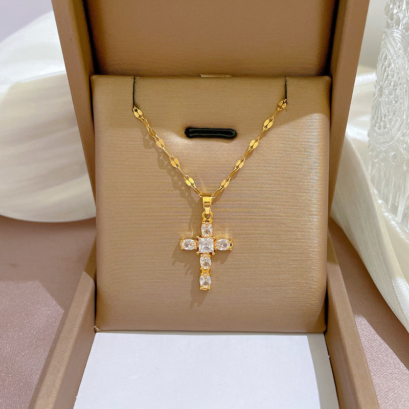 Wholesale Zircon Cross Fine Micropaved Titanium Steel Necklace Clavicle Chain