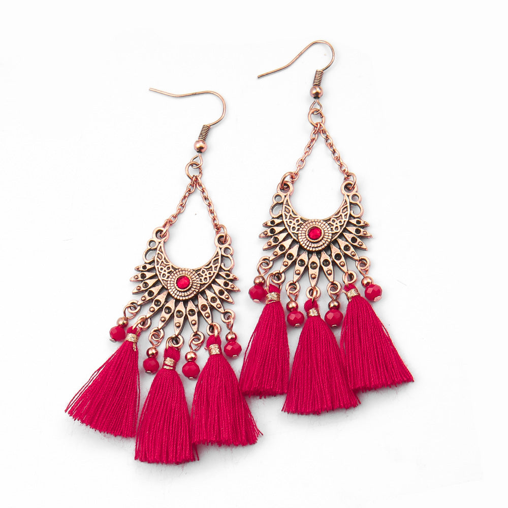 Wholesale Chinese Style Red Tassel Earrings Retro Medieval Festive Jewelry Accessory
