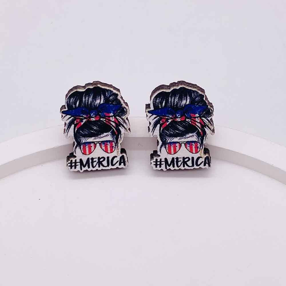 Wholesale American Flag Independence Day Wooden Stud Earrings Heart Shape Pentagram Sunflower Earrings ACC-ES-Cheny007