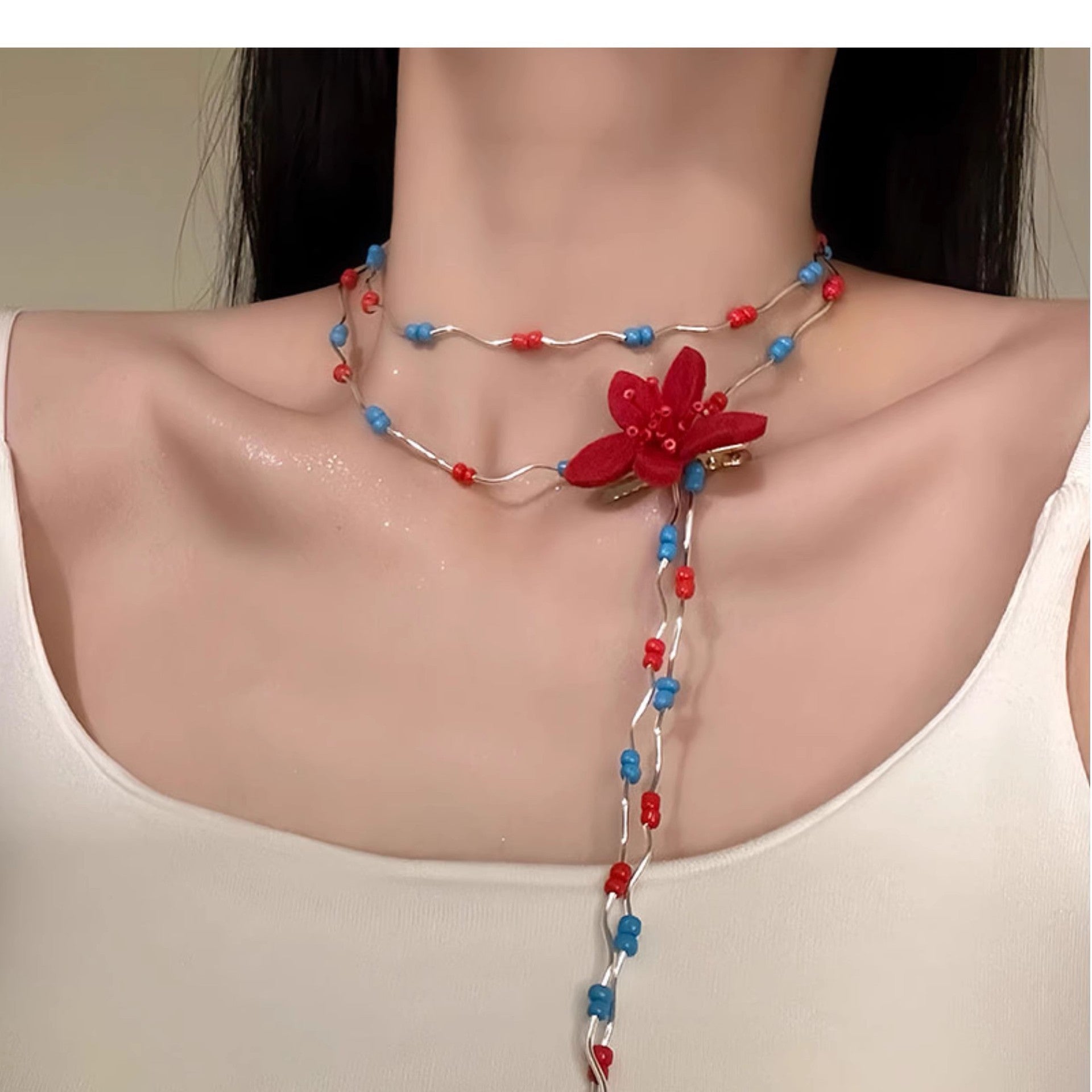 Wholesale Flower necklace red and blue beaded clavicle necklace