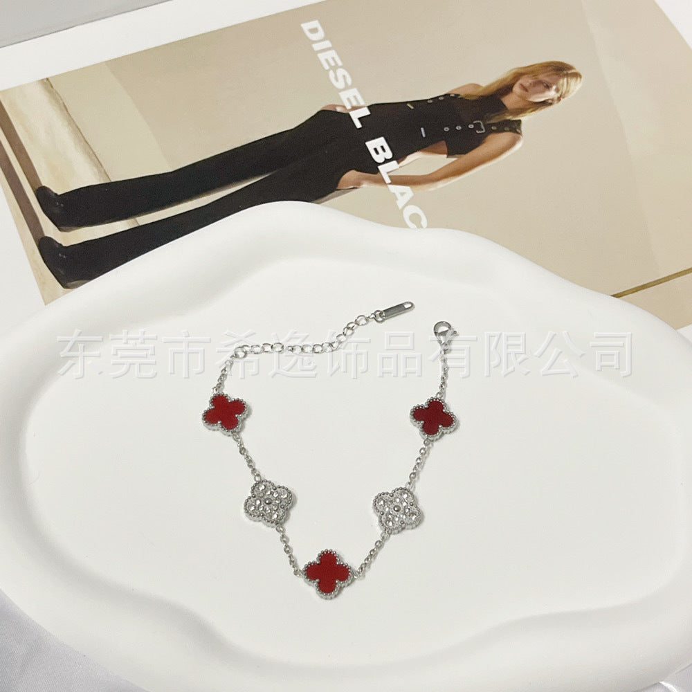 Wholesale Trendy Four-Leaf Clover Rhinestone Bracelet Titanium Steel Jewelry for Office Ladies Everyday Wear Gift