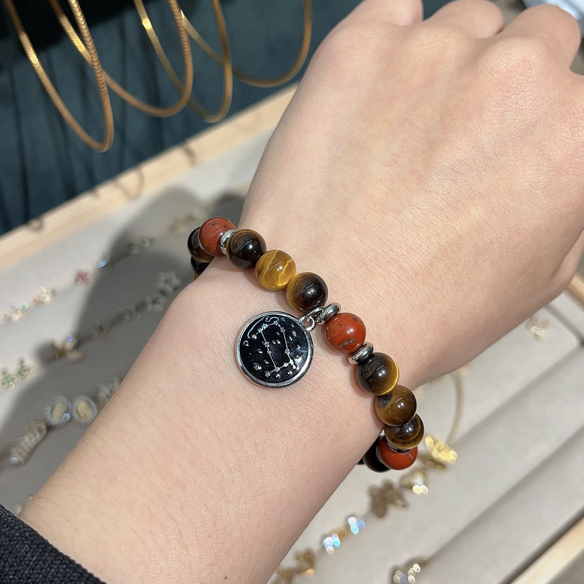 Wholesale 12 Zodiac Round Stainless Steel Bracelets Pendant Natural Stone Beaded Bracelets ACC-BT-HongMing004