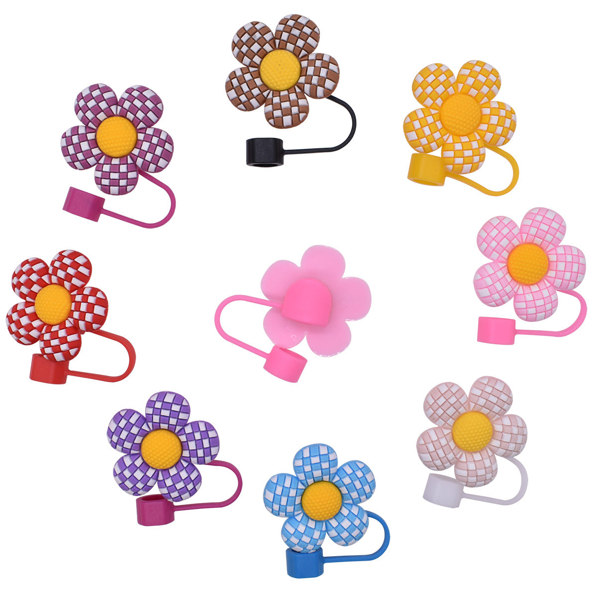 Wholesale 100PCS/random Checkerboard Flower 10MM Dust-proof Straw Cover PVC Soft Rubber Straw Decoration ACC-SCR-JKS001