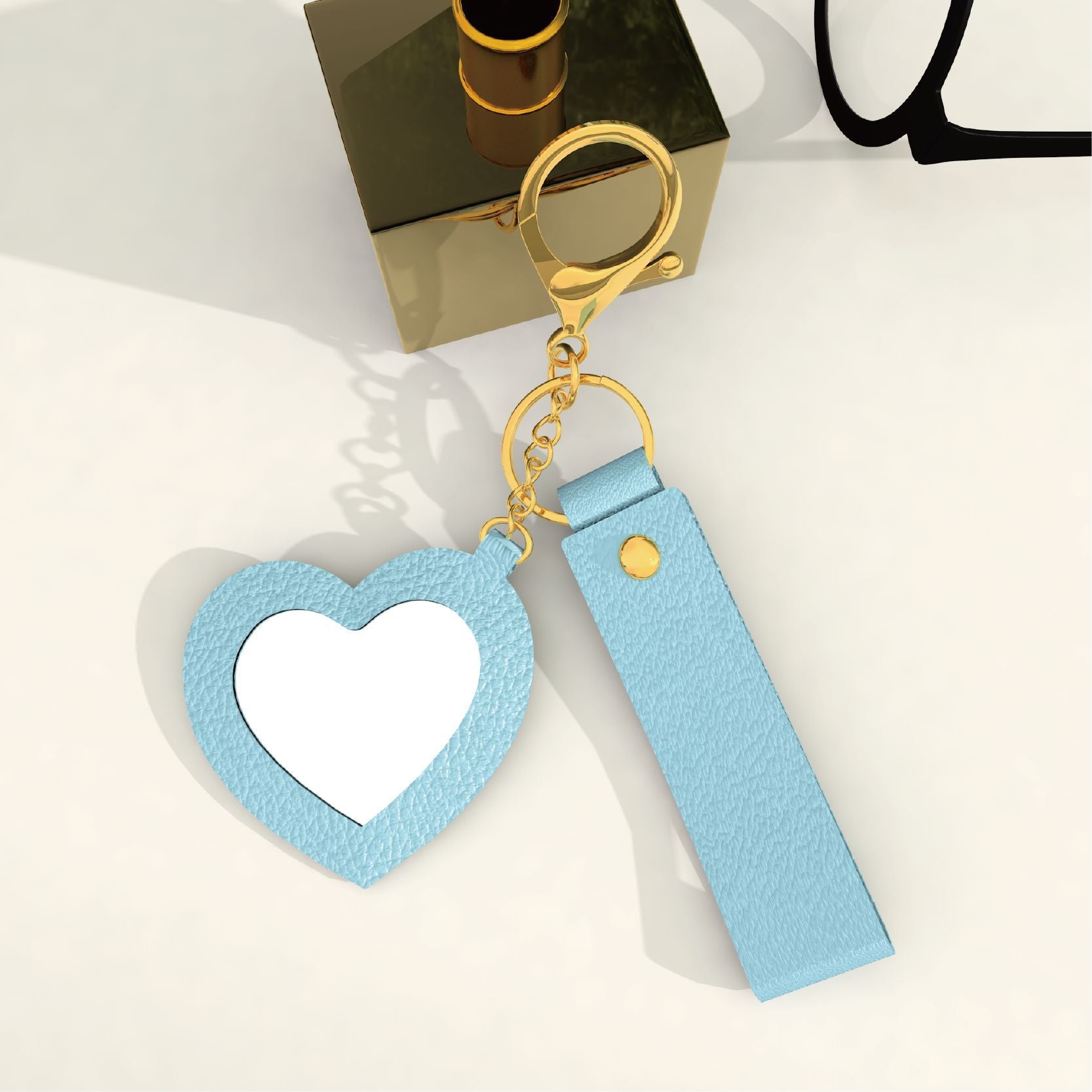 Wholesale Cute and creative PU keychain with a heart-shaped makeup mirror