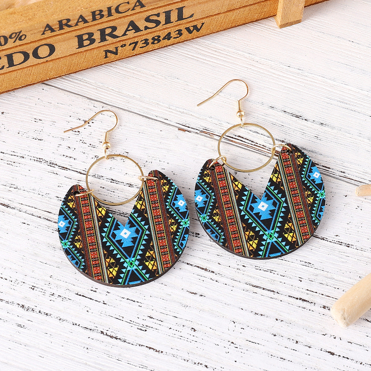 Wholesale Bohemian Double-sided Wooden Geometric Stripe Splicing Earrings ACC-ES-ChuLian008