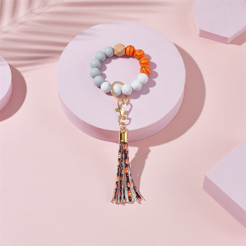 Wholesale Football Basketball Baseball Silicone Beaded Leather Tassel Wrist Keychain
