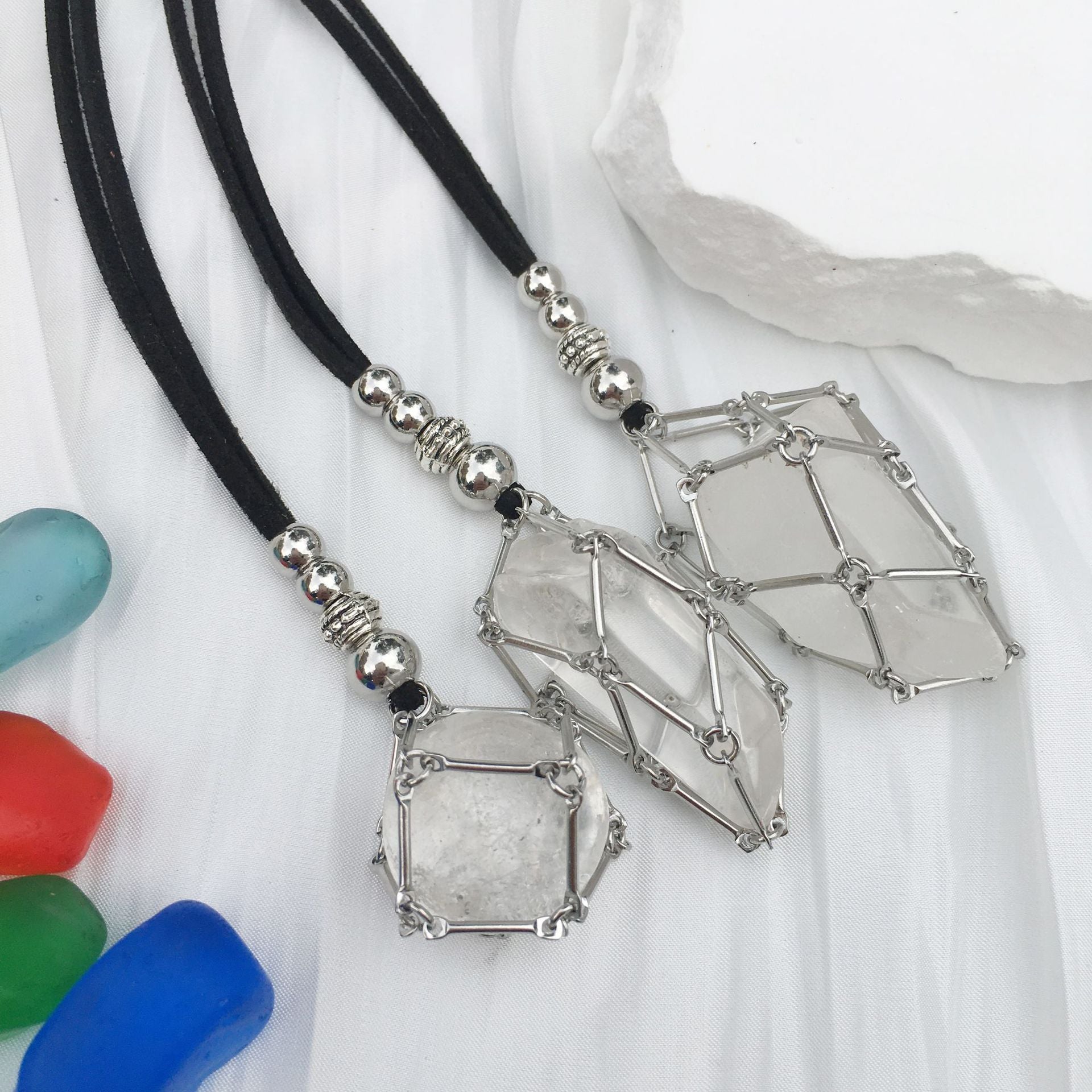 Wholesale Crystal Natural Stone Bamboo Adjustable Metal Mesh Necklace ACC-NE-RongGuan001