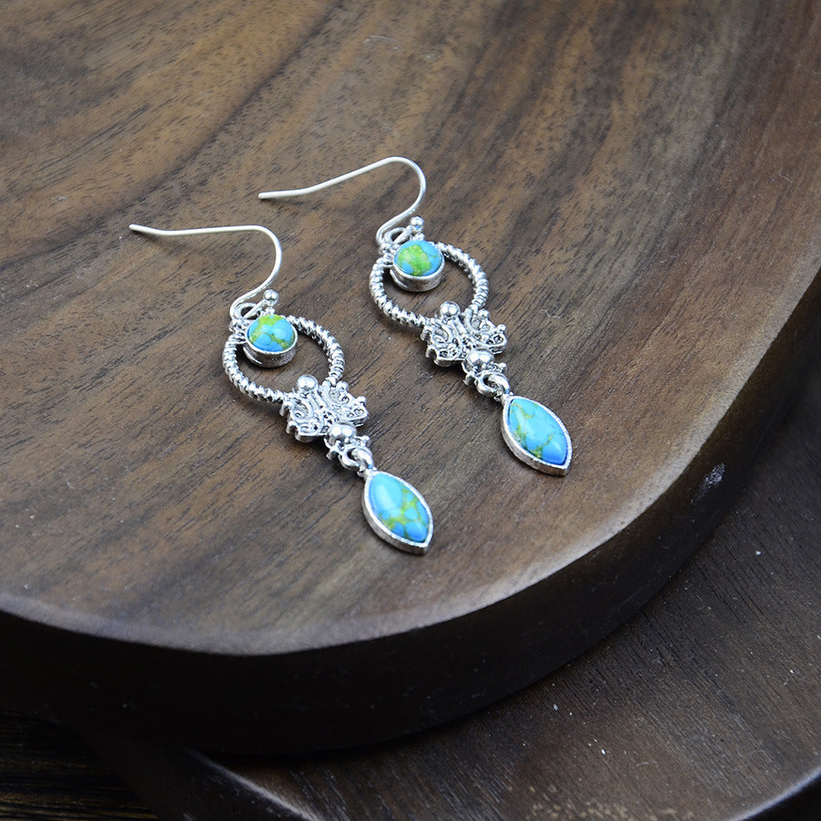 Wholesale European and American Fashion Retro Turquoise Geometric Pendant Earrings Women' s Exquisite and Elegant Versatile Elegant Ear Jewelry