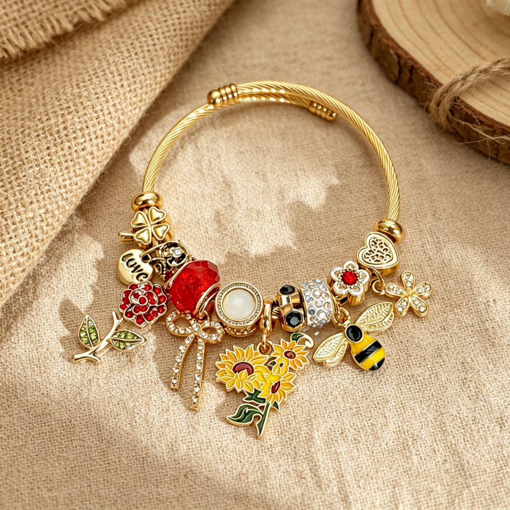 Wholesale Vintage Gold Pastoral Sunflower Bee Red Pendant Beaded Bracelet Stainless Steel Clover Heart Charm Ladies Boutique Resale