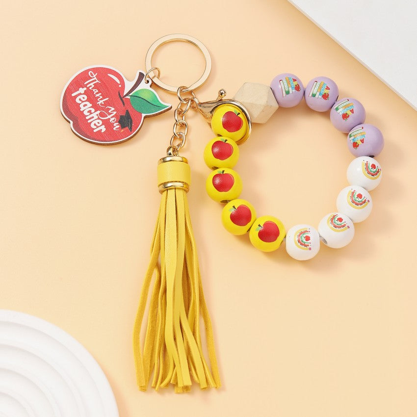 Wholesale Acrylic Fresh Color Tassel Apple Wood Brand Beaded Bracelet Keychains Wristlet Keychain ACC-KC-RongR069