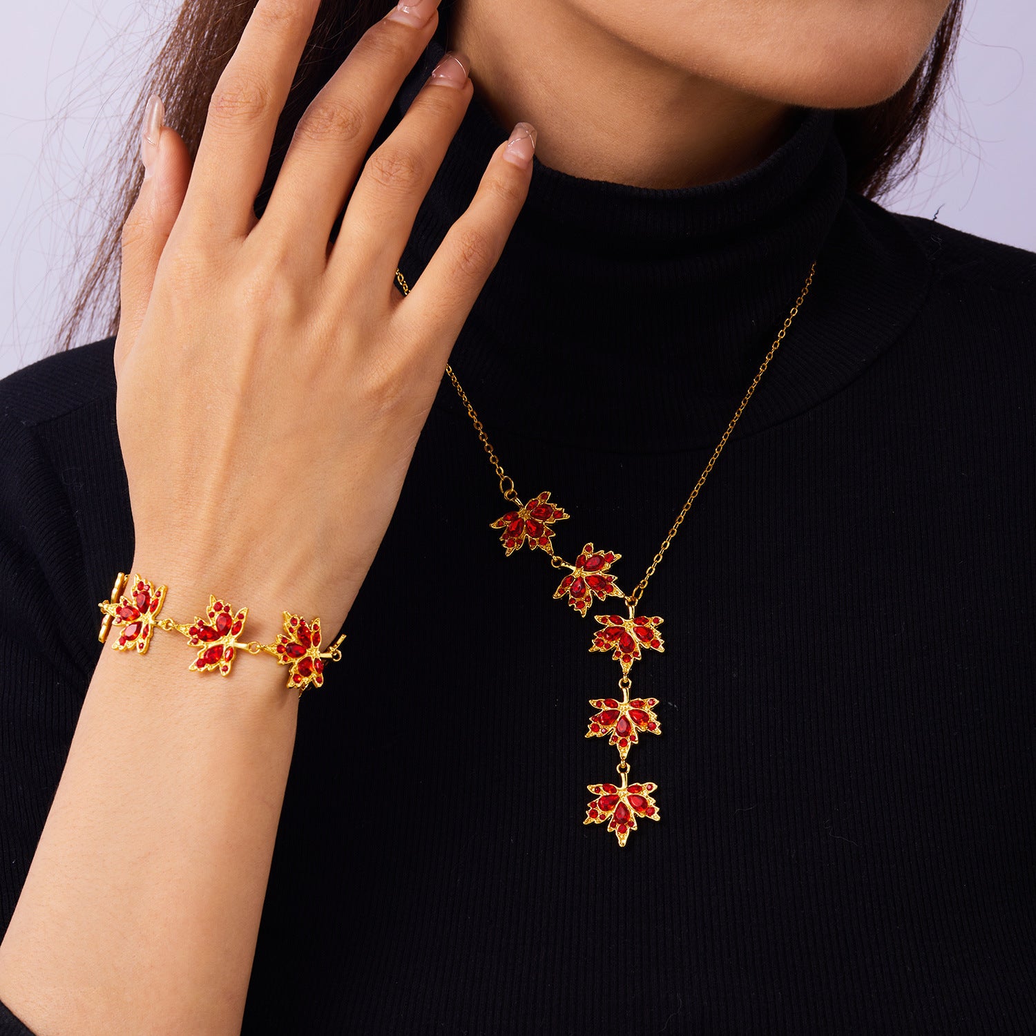 Wholesale Maple Leaf Rhinestone Bracelet and Necklace Set Alloy Fashion Jewelry Accessory