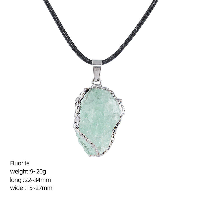Wholesale Natural Crystal Raw Stone Pendant Necklace with Leather Rope Chain Irregular Hand-Hammered Electroplated Fashion Jewelry