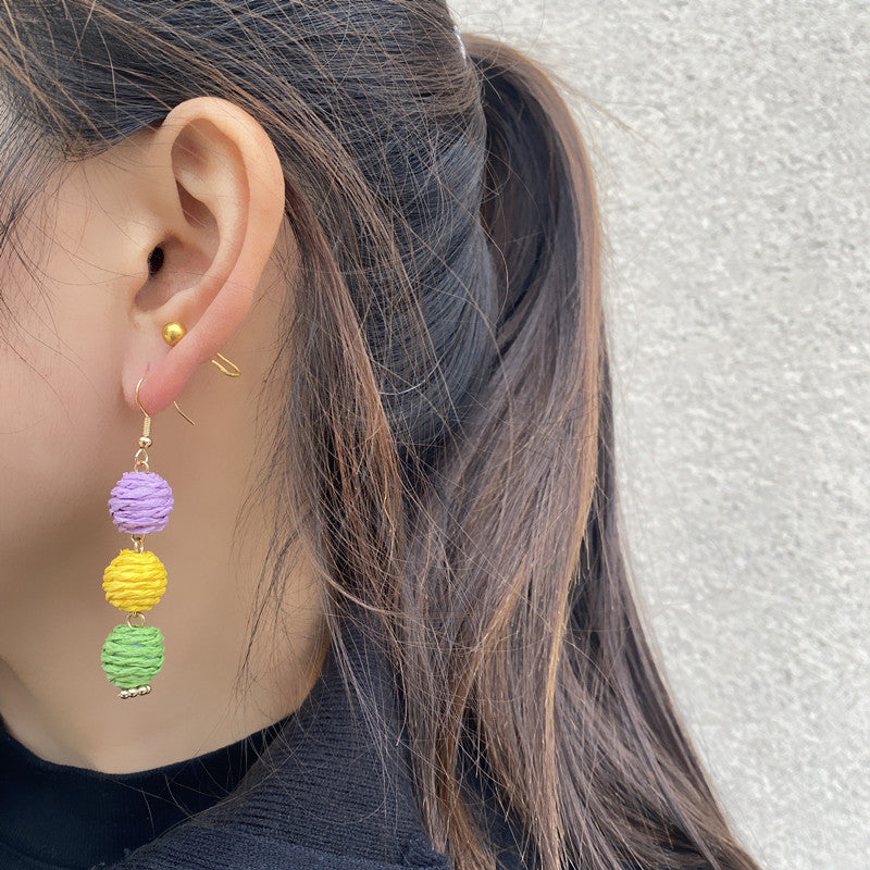 Wholesale carnival handmade braided earrings purple yellow green tricolor beaded long earrings