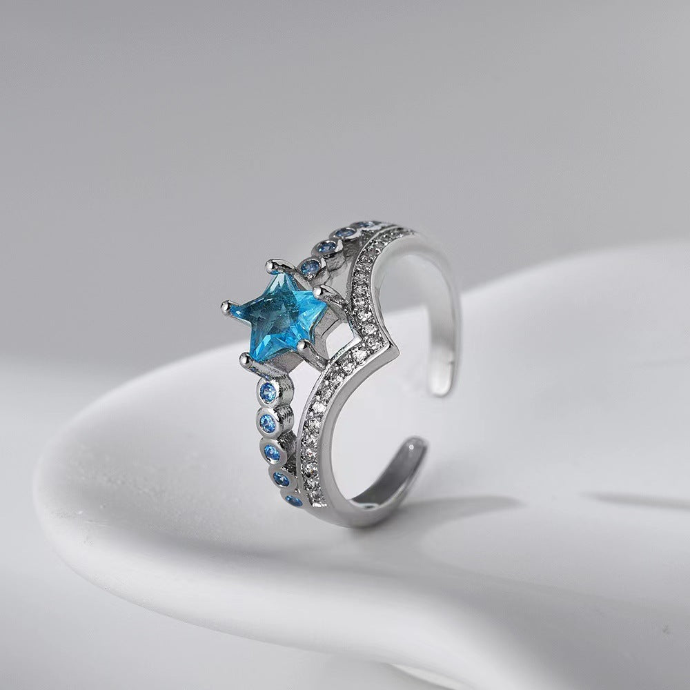 Wholesale Light Luxury Ring Sea Blue Five-pointed Star Micro-inlaid Geometric Open Rings ACC-RS-YXY015