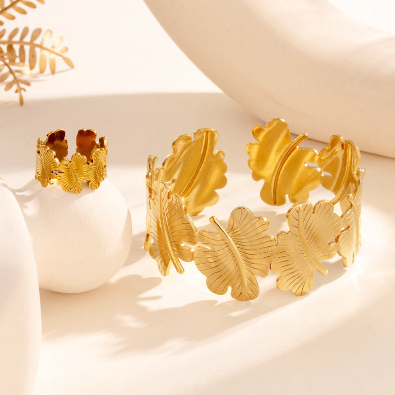 Wholesale Exaggerated titanium steel leaf wide version opening adjustable bracelet