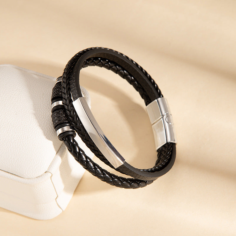 Wholesale Woven PU Leather Men S Fashion Bracelet Three Layer Design With Engravable Alloy Magnetic Clasp Everyday Accessory