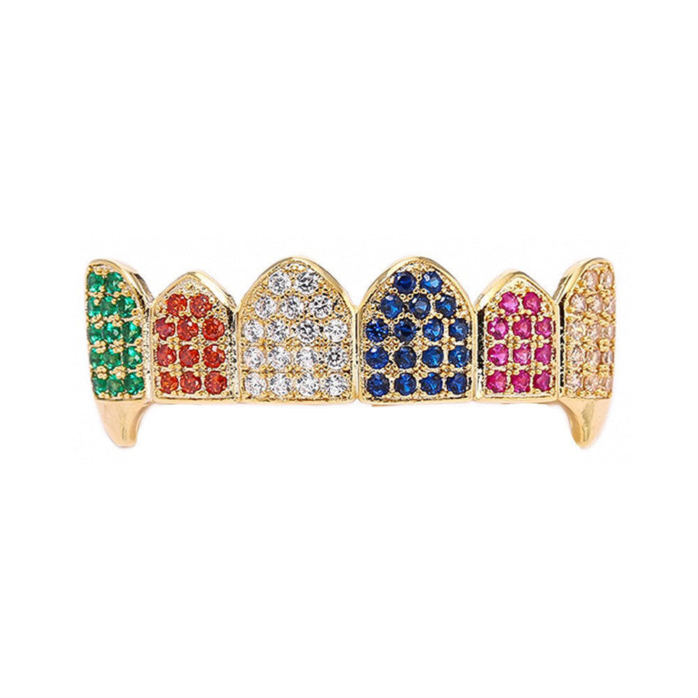 Wholesale Modern Hip-Hop Tooth Grills Gold Plated Alloy Colorful Zirconia Fashion Accessory for Resale