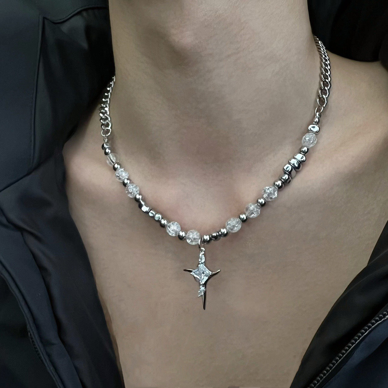 Wholesale Titanium Steel Necklace Metal Stone Ice Crack Cross Necklace Clavicle Chain ACC-NE-Ziyou006