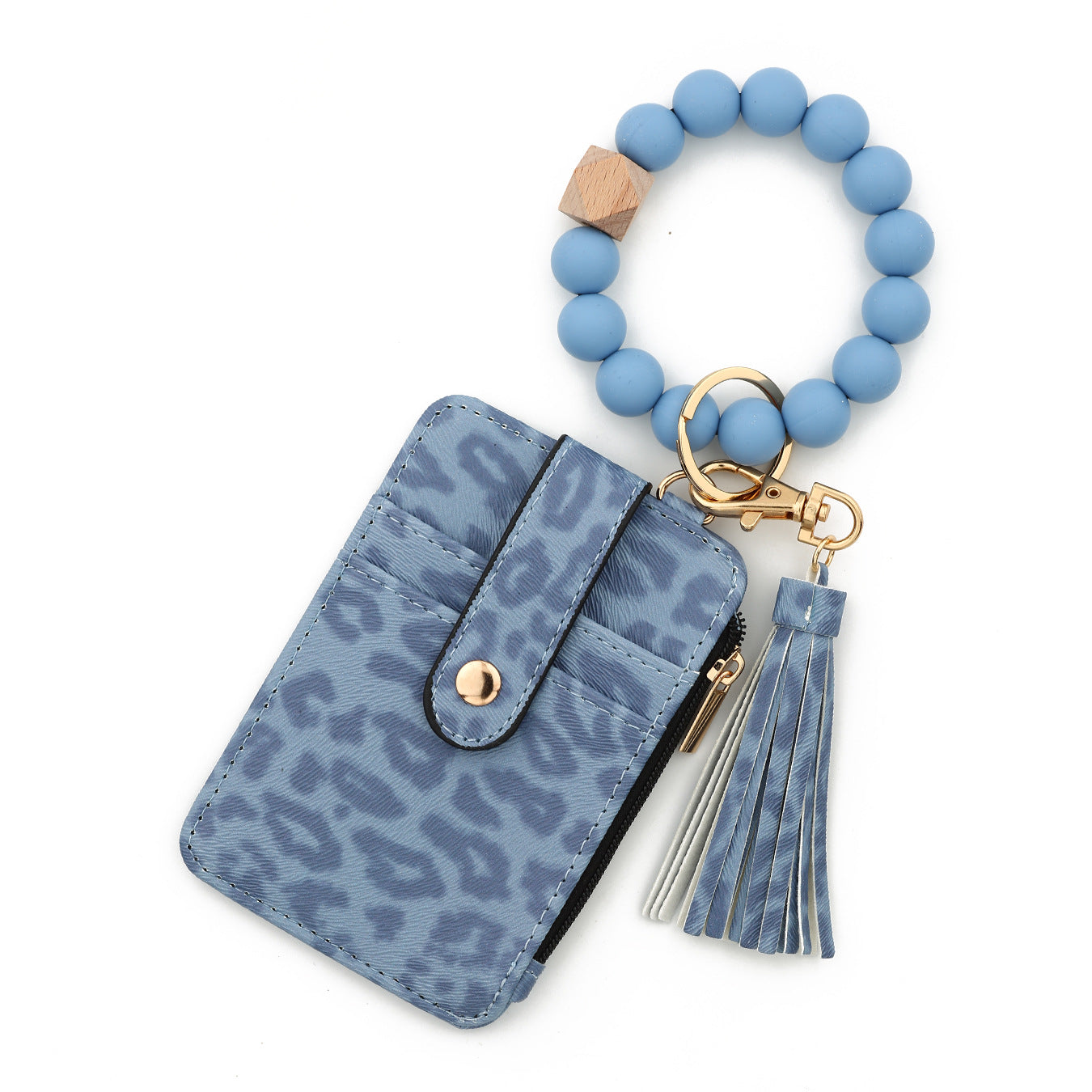 Wholesale PU leather and silicone bead bracelet leopard print wallet and keychain