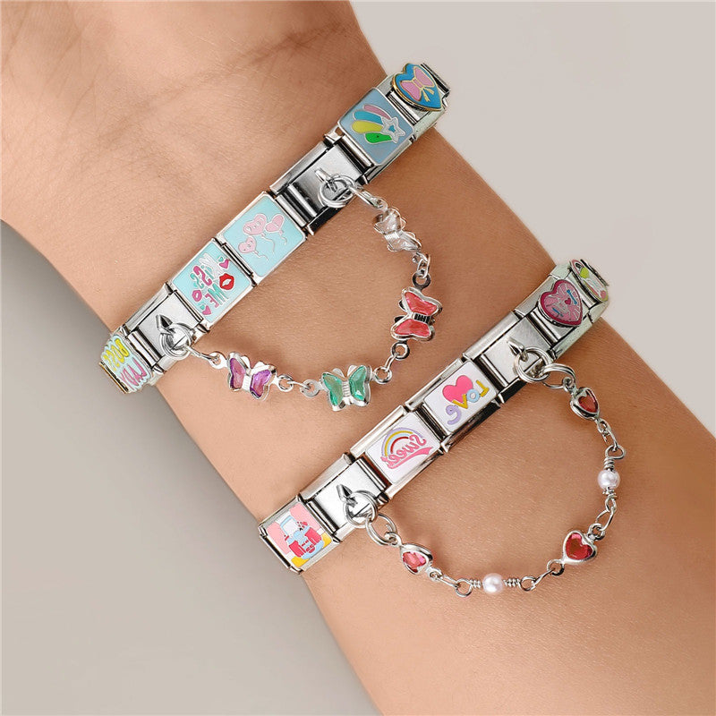Wholesale Hearts and Love Italian Charms DIY square double-pendant Creative Stainless Steel Composable Bracelet