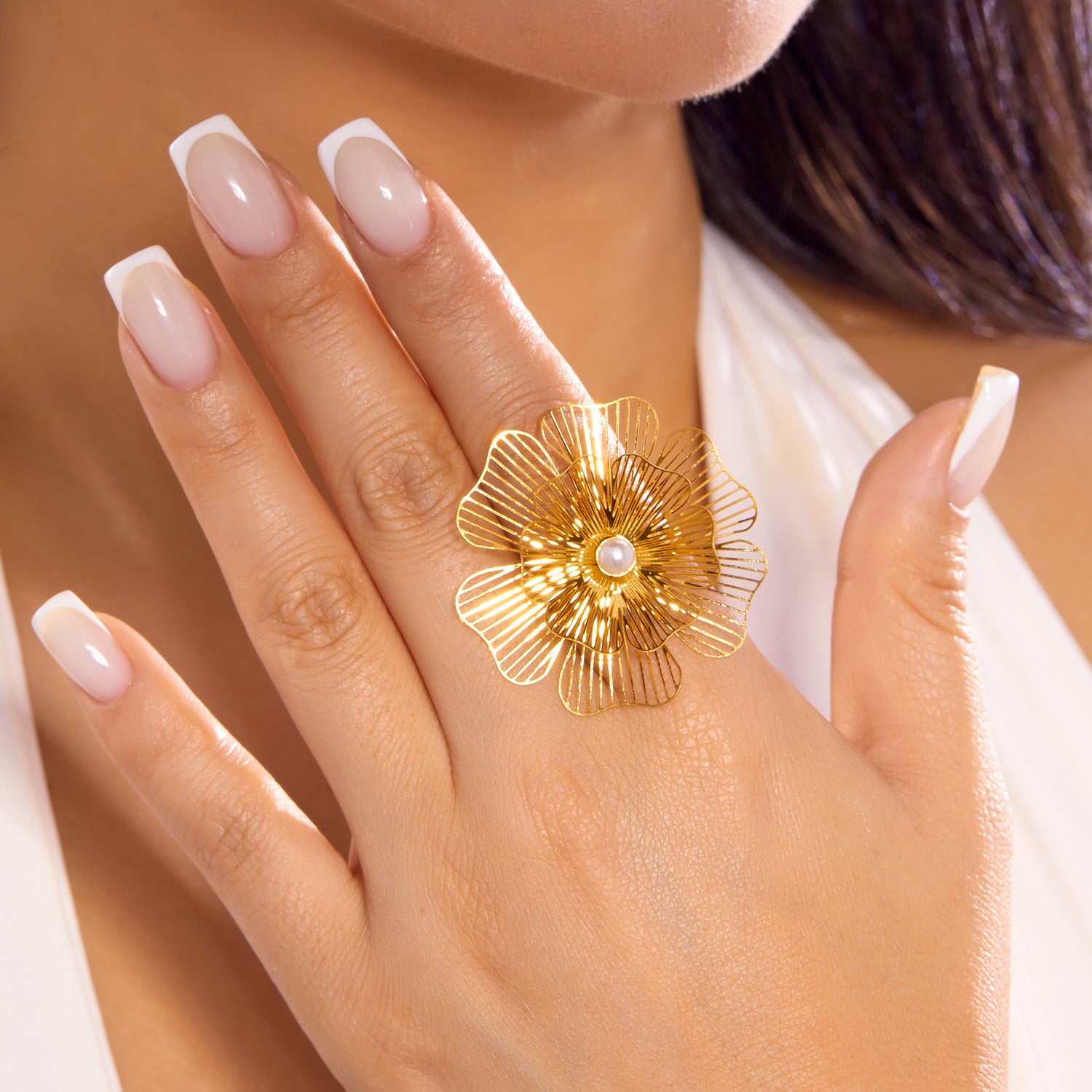 Wholesale Retro Light Luxury Stainless Steel Flower Opening Adjustable Ring