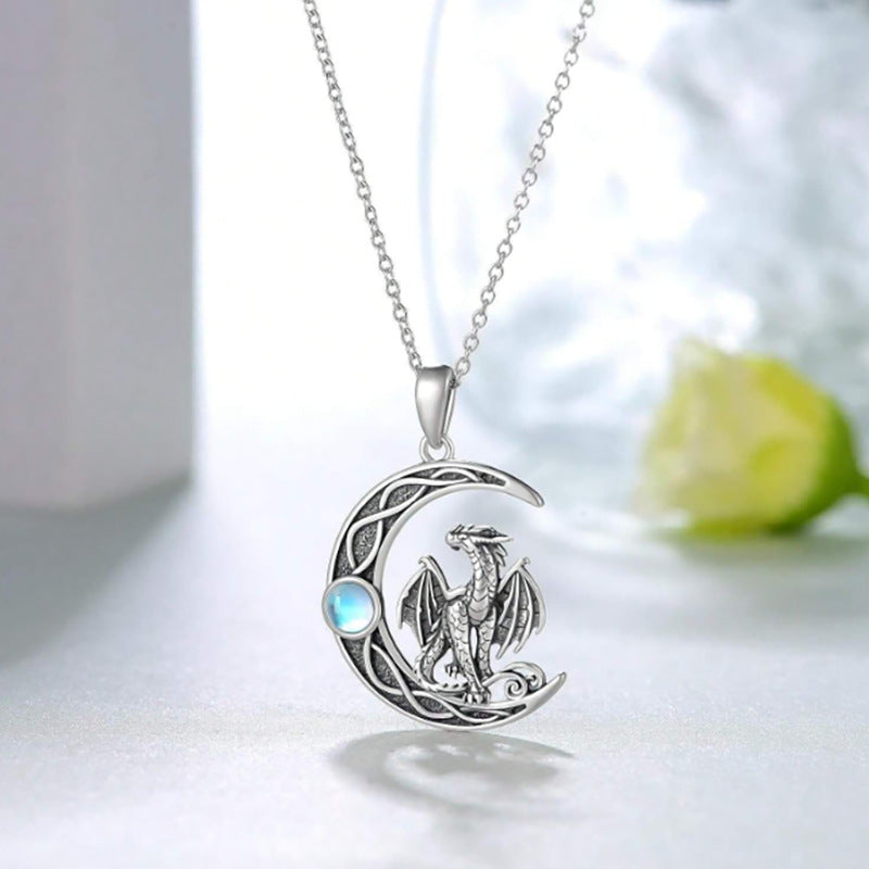 Wholesale  Creative Moon Magic Dragon Hollow Pendant Fashion Inlaid Moonstone Necklace