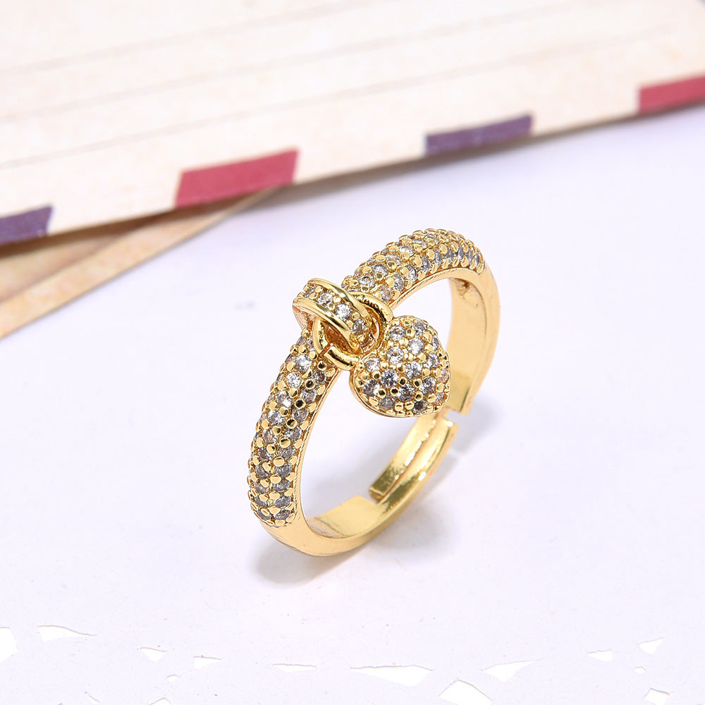 Wholesale Copper inlaid zircon heart cat fishbone women' s ring