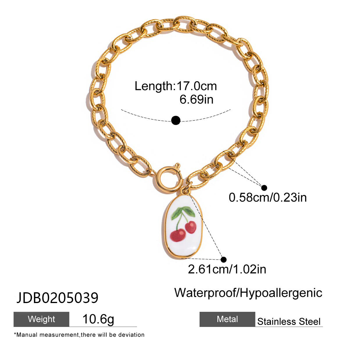 Wholesale 18K Gold Stainless Steel Oil Drop Cross Chain Spring Buckle Printed Cherry Bracelet