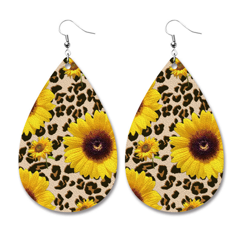 Wholesale 2 Pairs/pack Western Style Sunflower Cow Print Leopard Print Black and White Checkered Leather Earrings ACC-ES-HY069