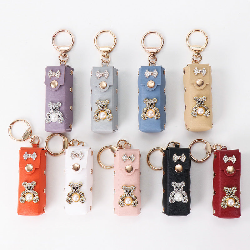 Wholesale Deep Red PU Leather Bear Lipstick Holder Keychain Bag Charm Fashion Accessory For Boutique Resale
