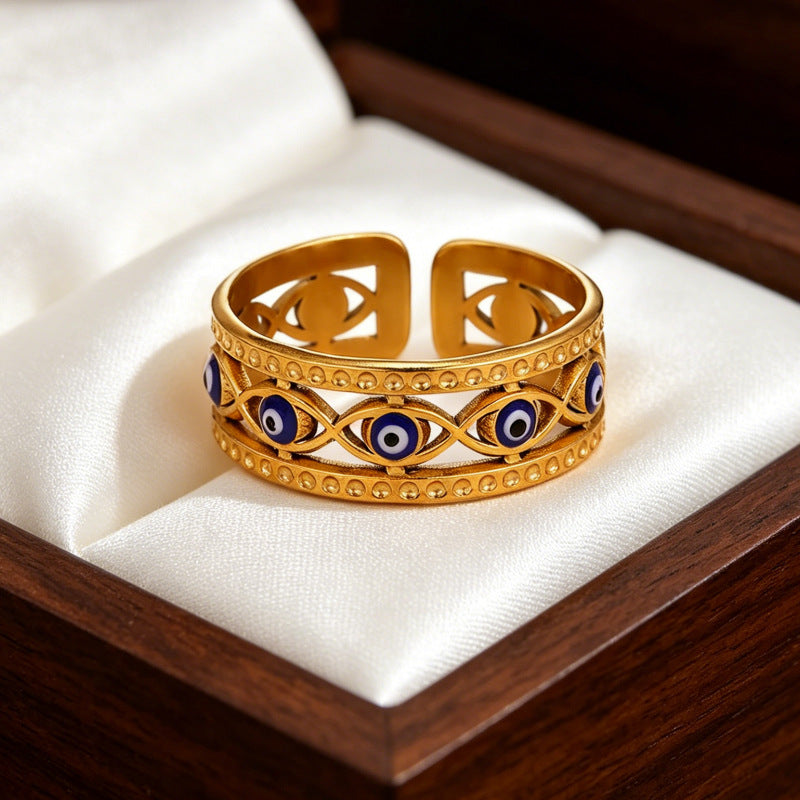 Wholesale Fashion Evil Eye Open Ring Adjustable Stainless Steel Turkish Blue Eye Jewelry Accessory