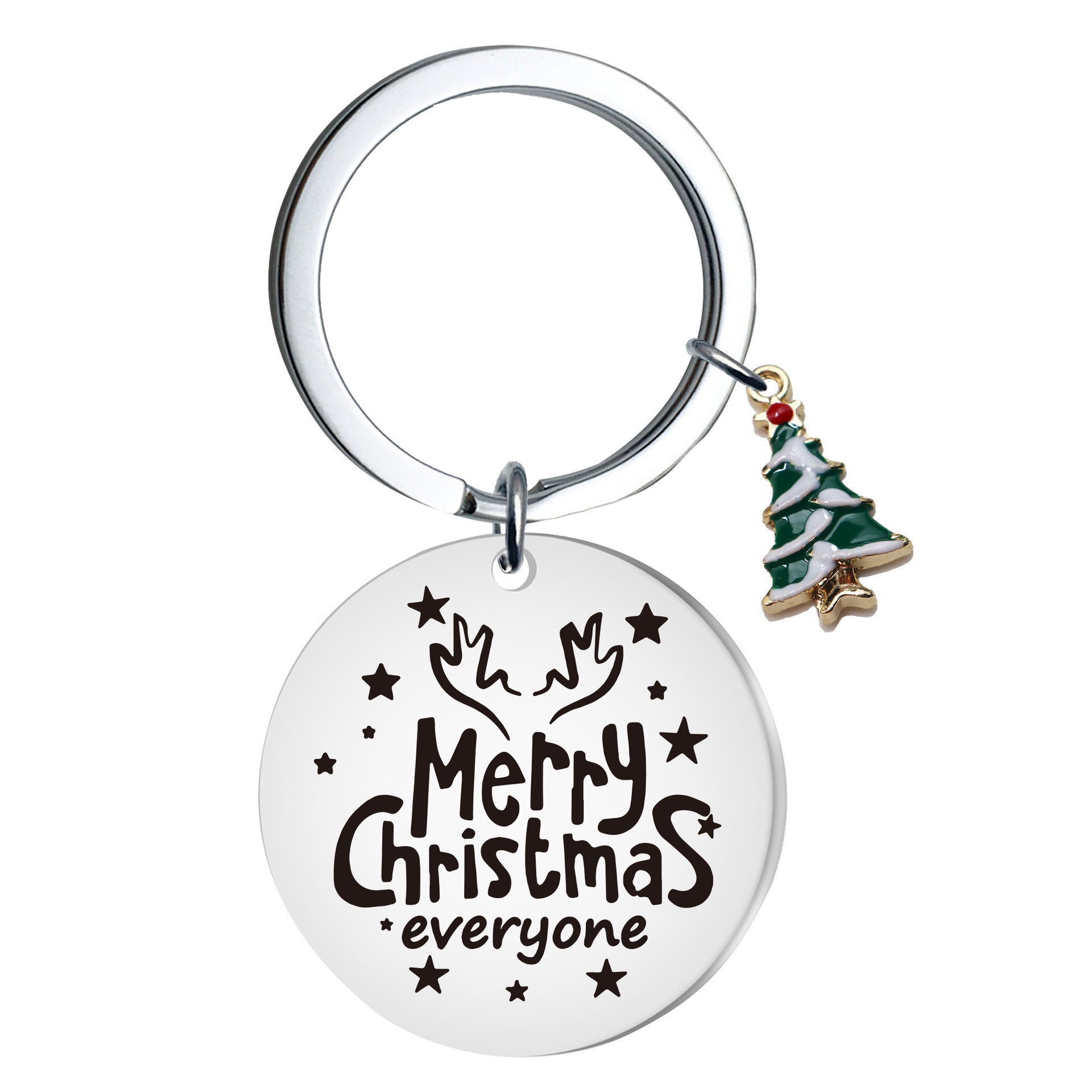 Wholesale Stainless Steel Christmas Tree Keychain Engraved Round Pendant For Car Key And Bag Holiday Gift