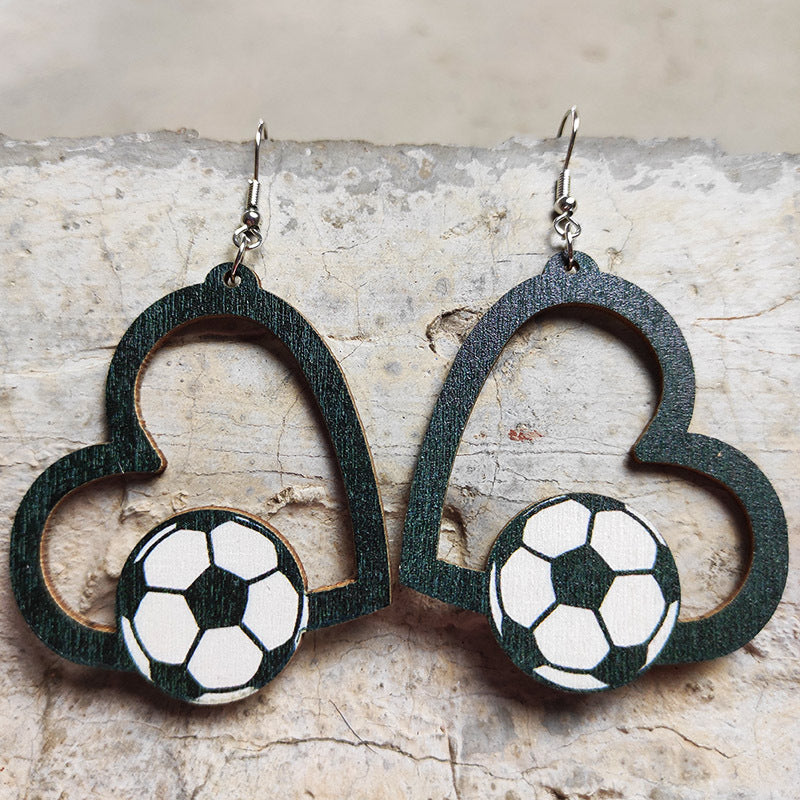 Wholesale Heart Shaped Sports Fan Earrings Wooden Geometric Hollow Dangle Earrings Stylish Fashion Accessory Gift