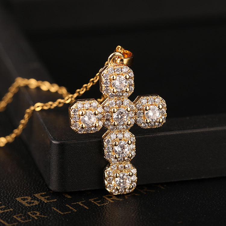 Wholesale Boutique Copper Cross Pendant Necklace Micro Inlaid Religious Jewelry Accessory