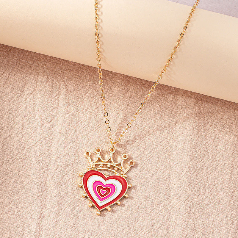Wholesale New Fashion Simple Heart-Shaped Necklace,  Personalized Retro Oil-Drip Color-Blocking Peach Heart Crown Women' s Pendant