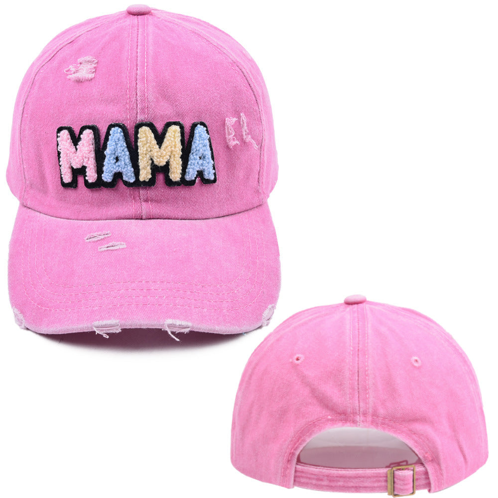 Wholesale MAMA Embroidered Cotton Baseball Hat Mother's Day Worn Washed Horsetail Hat ACC-HT-WenRan001