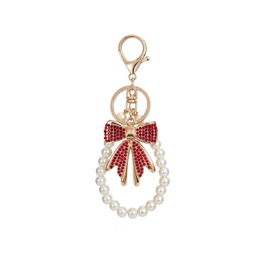 Wholesale Black Zinc Alloy Handmade Cute Korean Style Bow Rhinestone Pearl Bead Car Keychain Phone Chain Bag Charm Gift