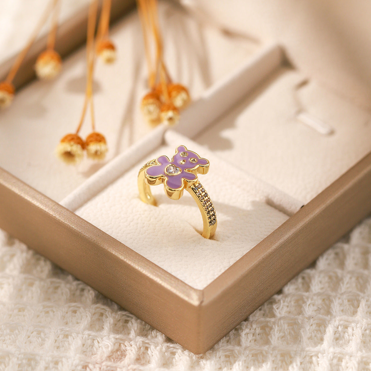 Wholesale Cute Colorful Oil Drip Bear Open Ring Copper Micro Inlaid Zircon Adjustable Rings ACC-RS-MeiWeite001