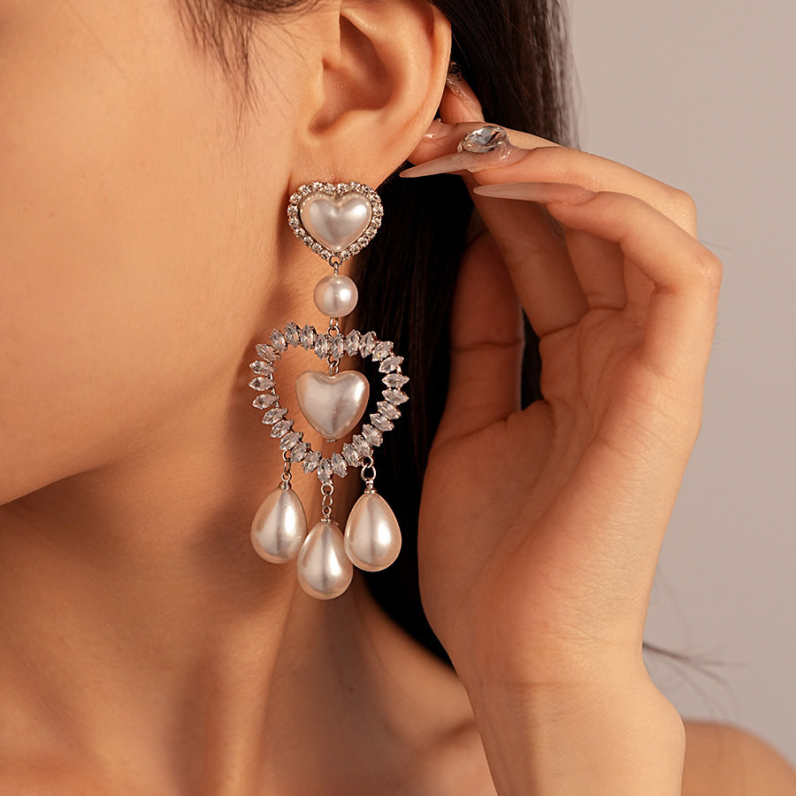 Wholesale  pearl diamond zircon love silver earrings