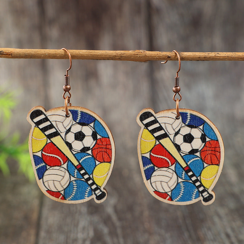 Wholesale Wooden Baseball Print Earrings Sports-Themed Fashion Accessory for Women