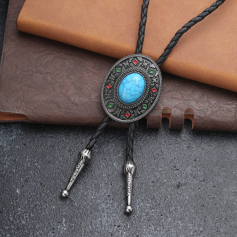 Wholesale Vintage Western Turquoise Lace Bolo Tie Necklace Unisex Alloy Leather Pendant Jewelry Accessory