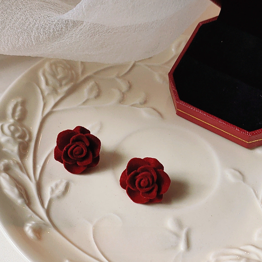 Wholesale flocking vintage wine red rose 925 silver needle earrings