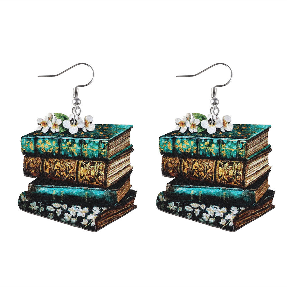 Wholesale Library Book Wood Double Sided Pendant Earrings ACC-ES-ChuLian051