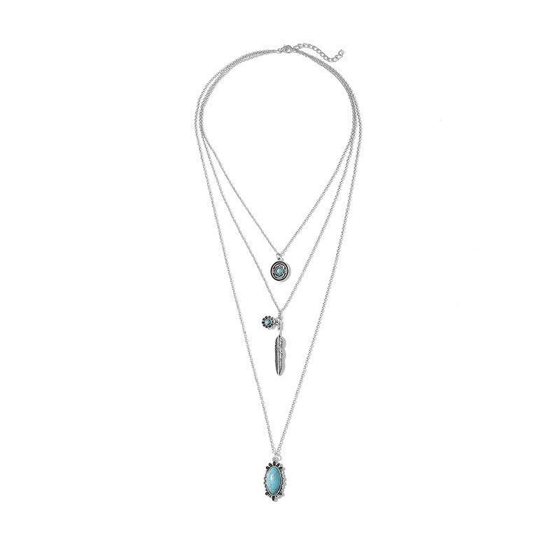 Wholesale Retro Bohemian Turquoise Feather 3-Layer Necklace Fashion Accessory for Boutique Resale