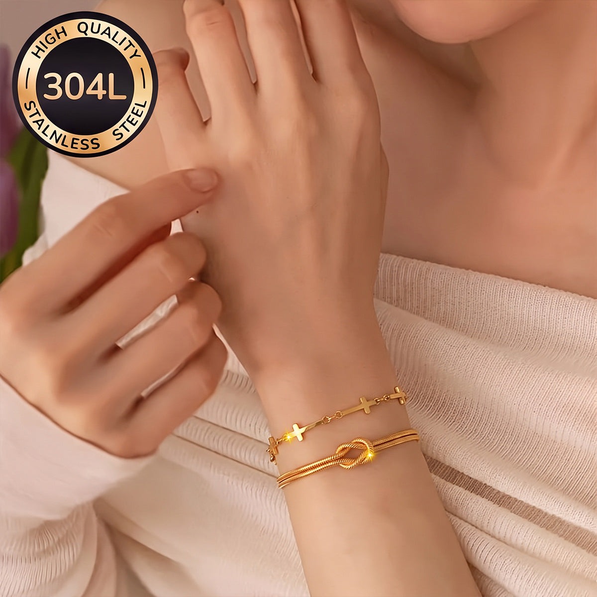 Wholesale Geometric Chain Design 2 Piece 18K Gold Plated Stainless Steel Bracelet Set Chic Fashion Accessory For Women Gift Boutique Resale