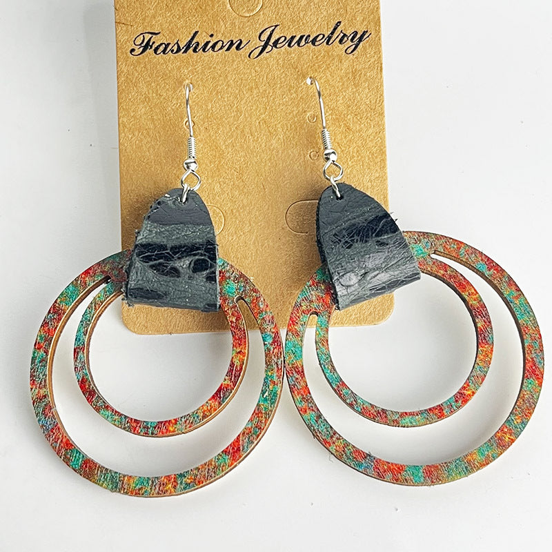 Wholesale 2 Pairs/pack Bohemian Vintage Distressed Genuine Leather Texture Mother's Day Wooden Earrings ACC-ES-HY077