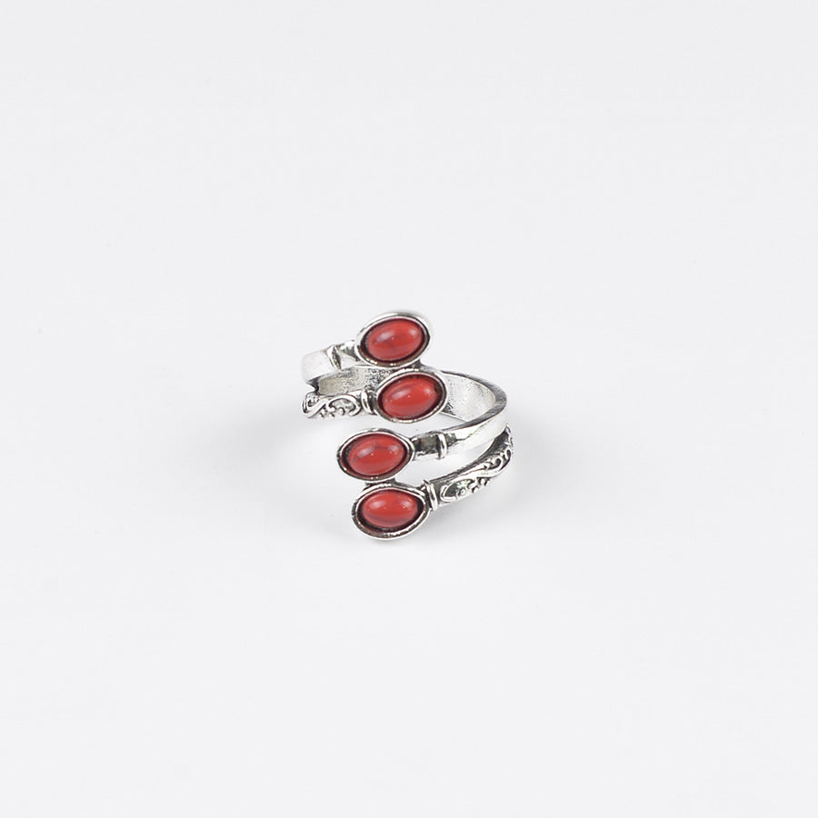 Wholesale Trendy Antique Silver Geometric Ring With Red Turquoise Distressed Ethnic Open Adjustable Band Unisex Fashion Accessory For Resale