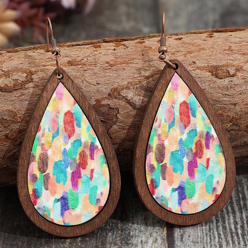 Wholesale Fashion Fresh Wind Drop Shape Wooden Frame Printing Color Spot Women Wooden Earrings Earrings Batch
